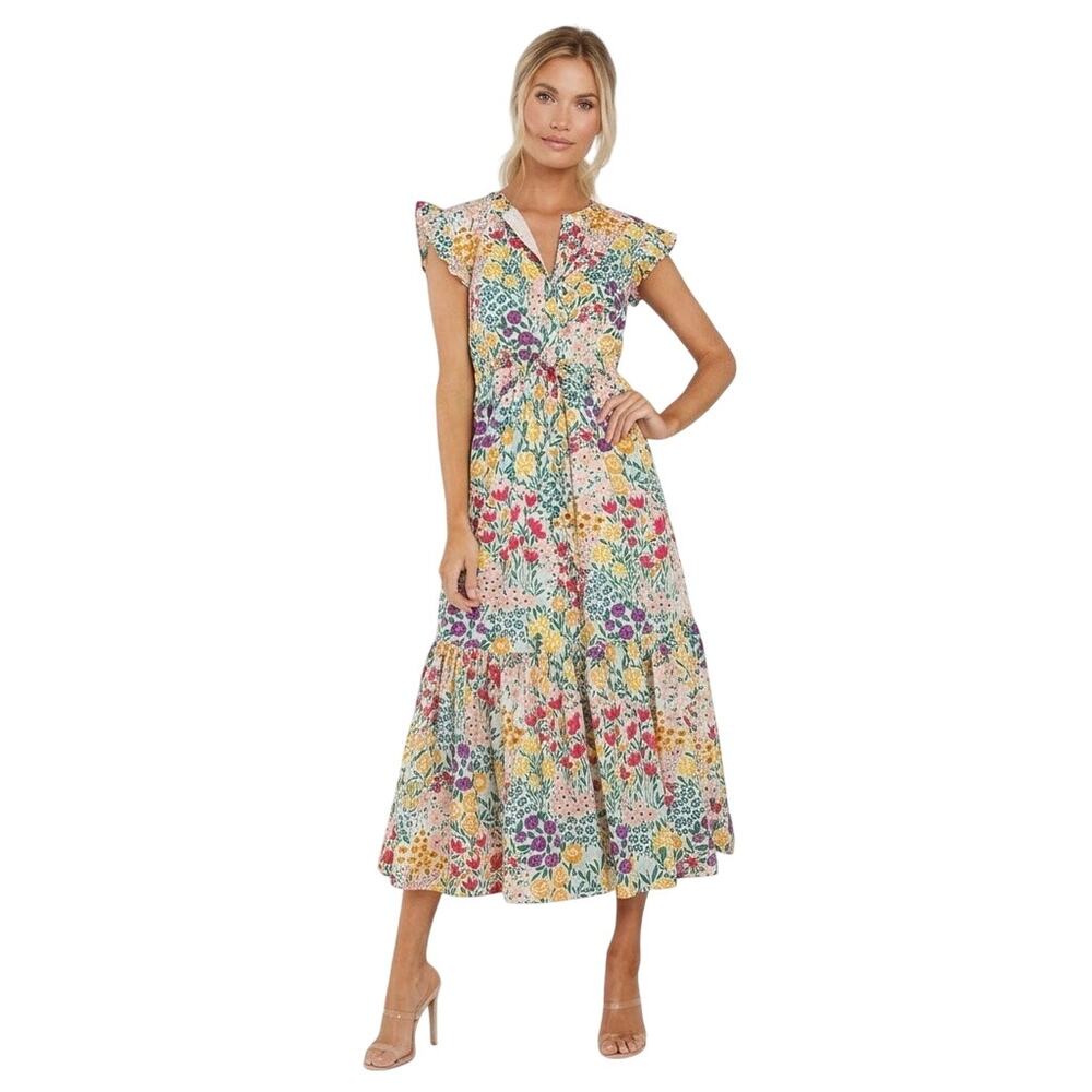 Olivia James The Label Delia Floral Midi Dress Womens XS Meadow Tiered Ruffle